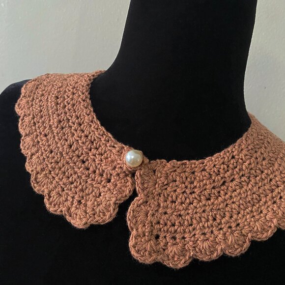 Handmade Crochet Brown Copper Faux Pearl Cotton Collar Neckwear Accessory - Picture 2 of 7